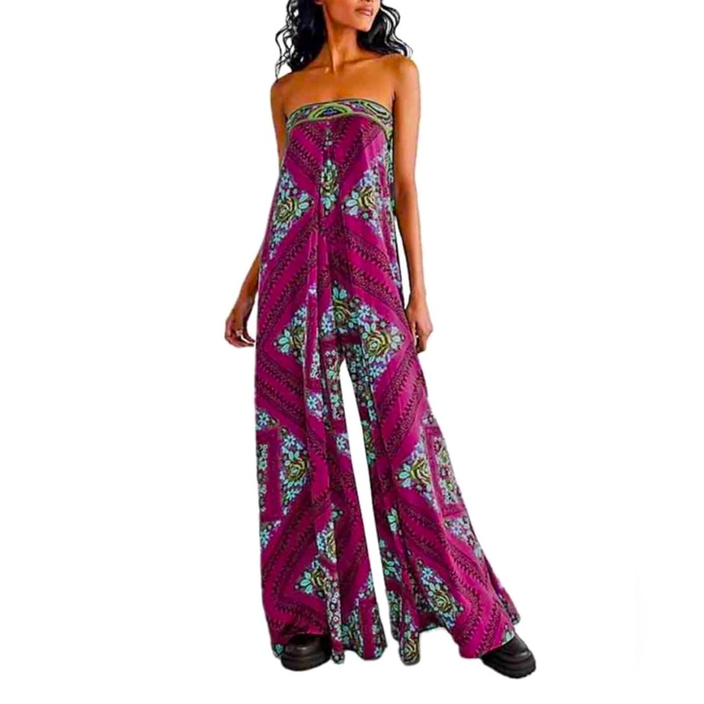 RARE Free People Serendipity Printed Strapless Embroidered Jumpsuit Size M